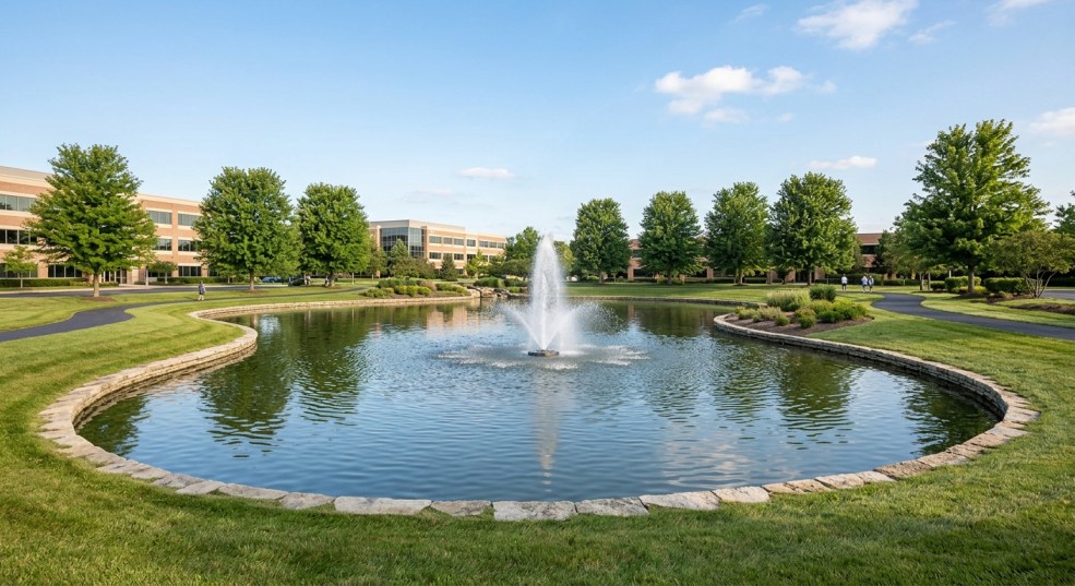 Commercial pond aeration fountain spraying water in an HOA community during summer